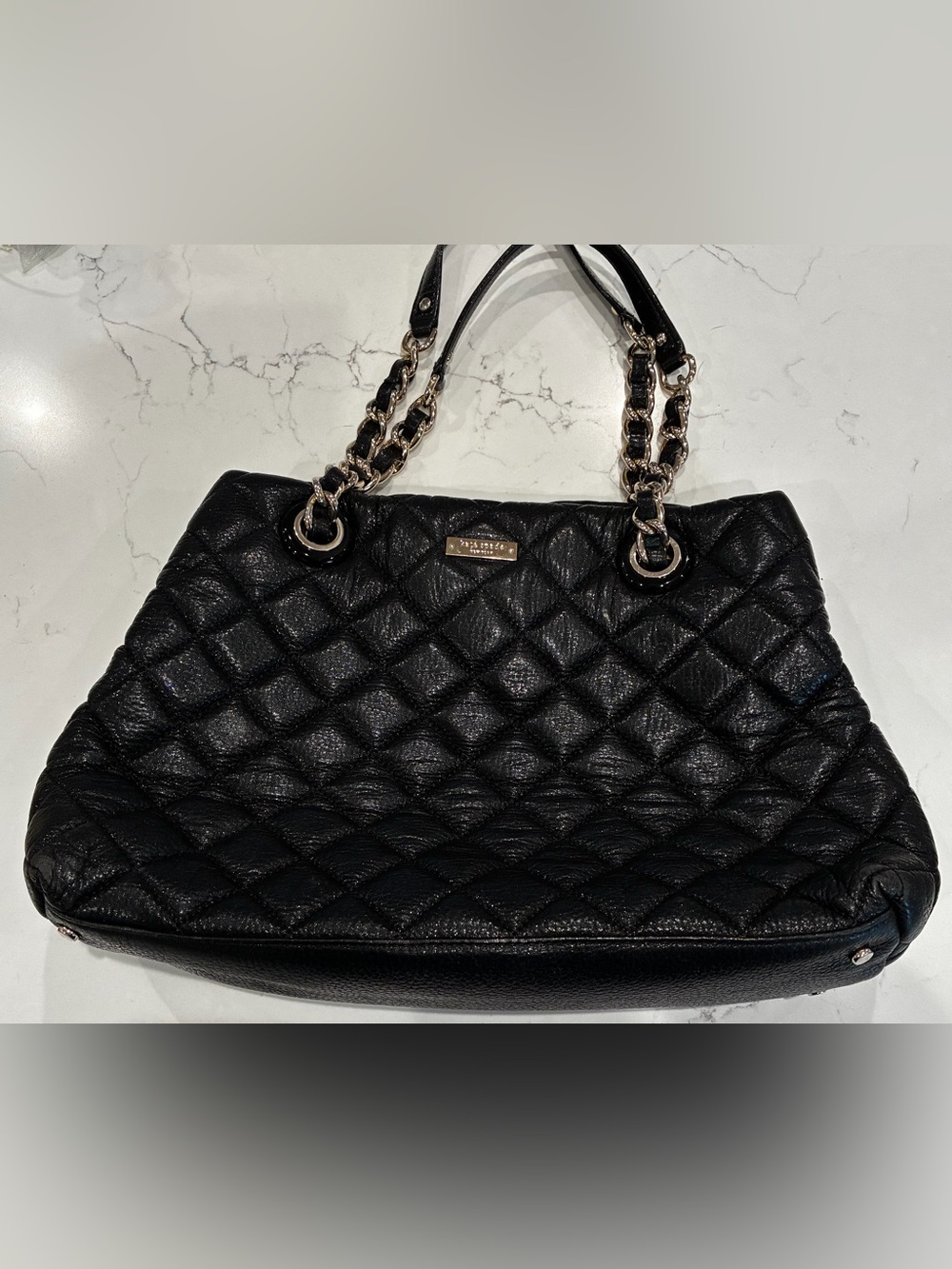 Kate Spade New York Black Quilted Leather Chain Shoulder Tote Bag Gold Hardware